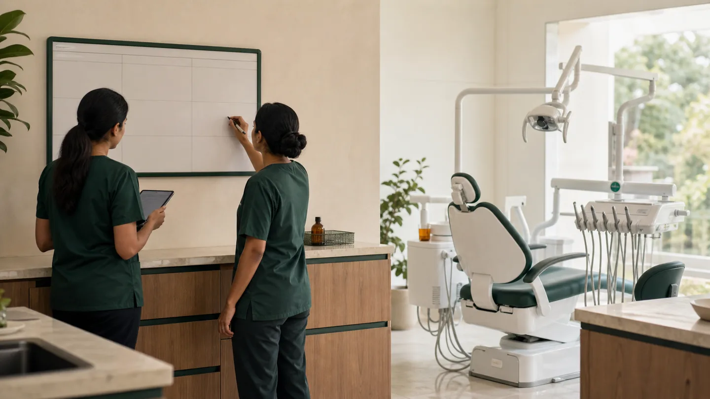 Dental clinic में staff management: छोटी team को कैसे चलाएँ: two team members confirming responsibilities beside a simple shift board and prepared operatory.
