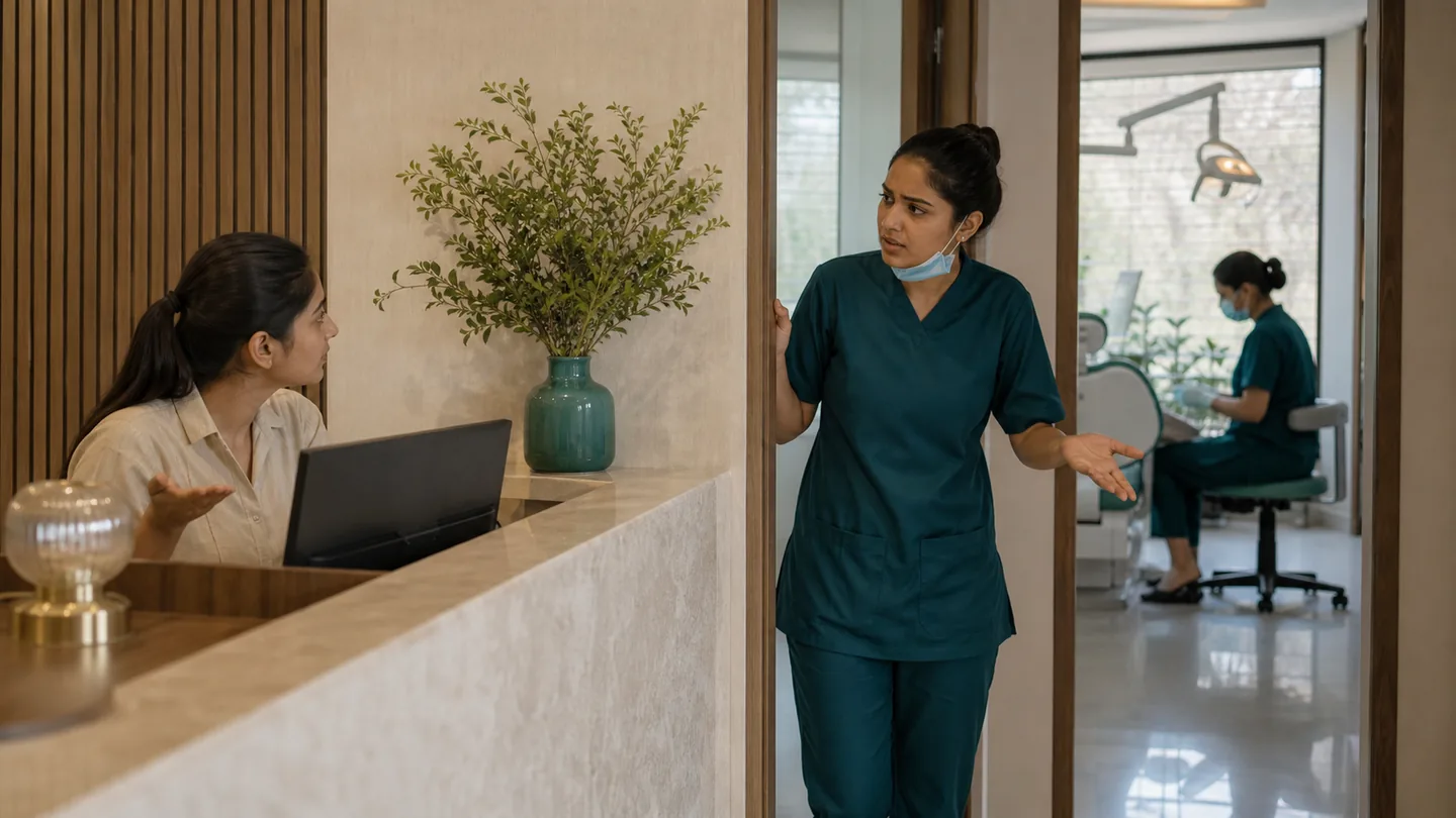 Dental clinic में staff management: छोटी team को कैसे चलाएँ: a missed handoff between front desk and dental assistant creating visible but respectful workflow confusion.