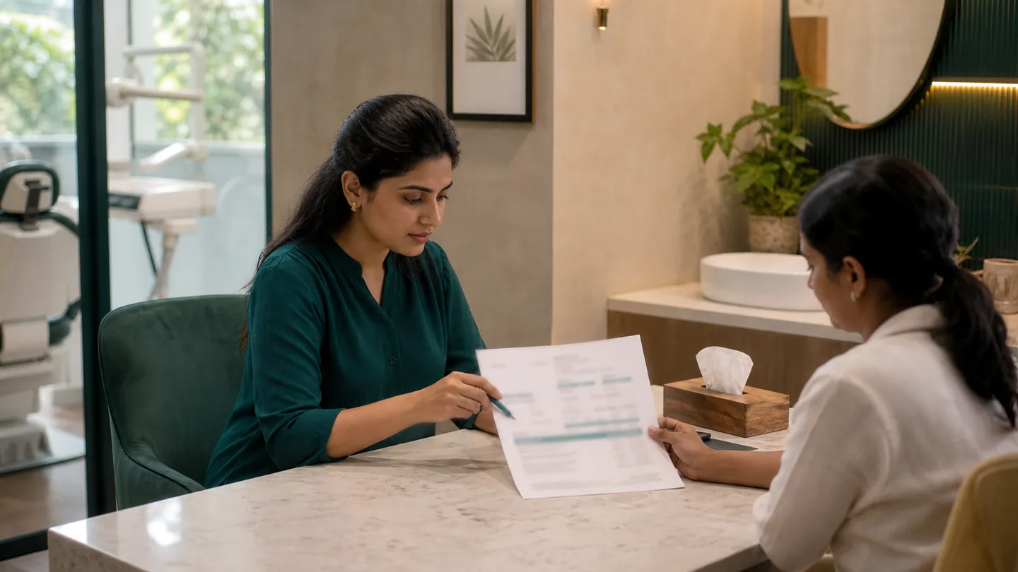 Dental treatment pricing कैसे तय करें: a structured approach: a calm private fee-review conversation using a clear printed estimate with all personal details obscured.