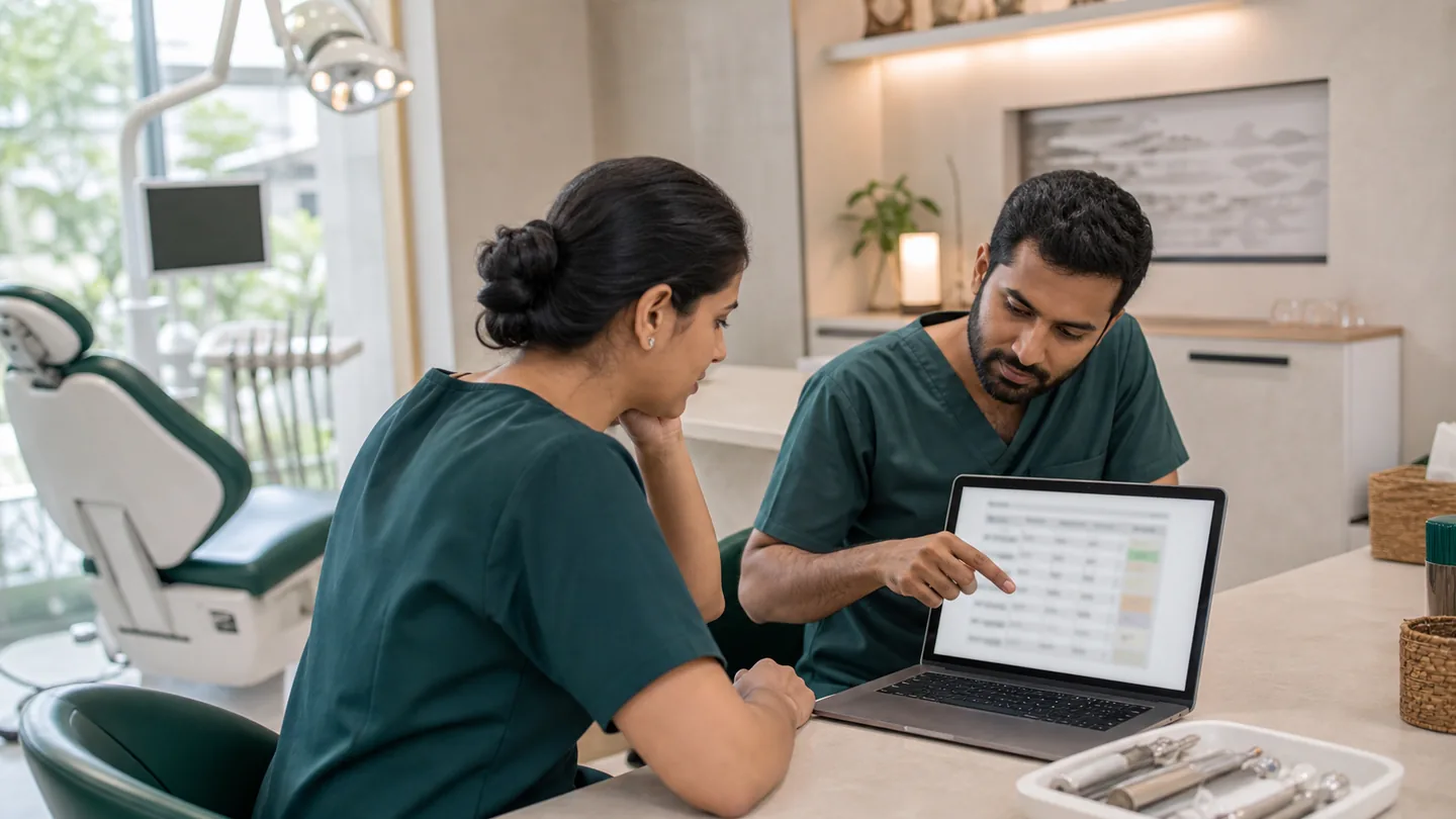 Dental treatment pricing कैसे तय करें: a structured approach: two clinic team members comparing procedure resource requirements on a laptop without patient records.