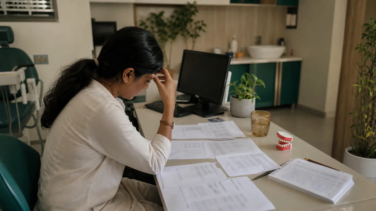 Dental treatment pricing कैसे तय करें: a structured approach: a confused pricing review with scattered supplier costs, lab estimate and appointment duration notes.