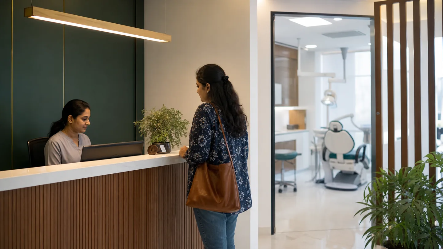WhatsApp से dental patients कैसे लाएँ: responsible workflow: a confirmed patient arrival after a responsible message-and-reminder workflow, with no app logo visible.