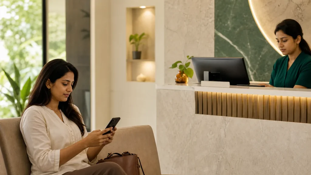 WhatsApp से dental patients कैसे लाएँ: responsible workflow: an Indian patient sending a dental enquiry from a smartphone while a clinic receptionist prepares a structured response.