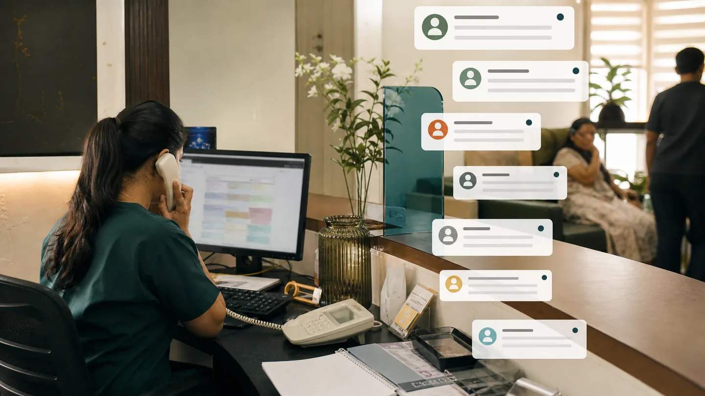 WhatsApp से dental patients कैसे लाएँ: responsible workflow: a front desk overwhelmed by several incoming message notifications, with all names and message text unreadable.